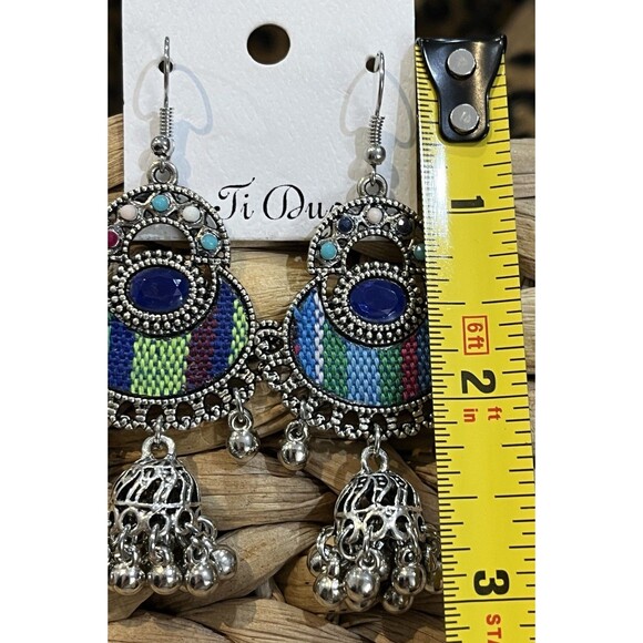 Oxidized Silver Jhumka Earrings W/ Fabric Inlay Ethnic Indian Dangle Earring - Picture 5 of 6